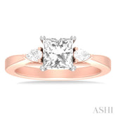 1/4 ctw Tri-Mount Princess Shape Center Pear and Round Cut Diamond Semi Mount Engagement Ring in 14K Rose and White Gold